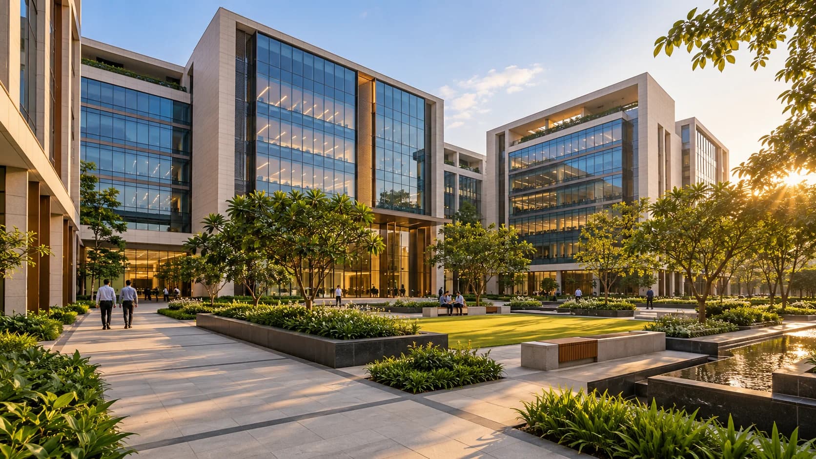 Landscaped courtyard between contemporary office buildings